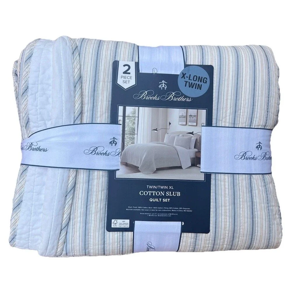 Brooks Brothers Cotton Slub Quilt and Sham Set Twin XL Light Blue White Stripes